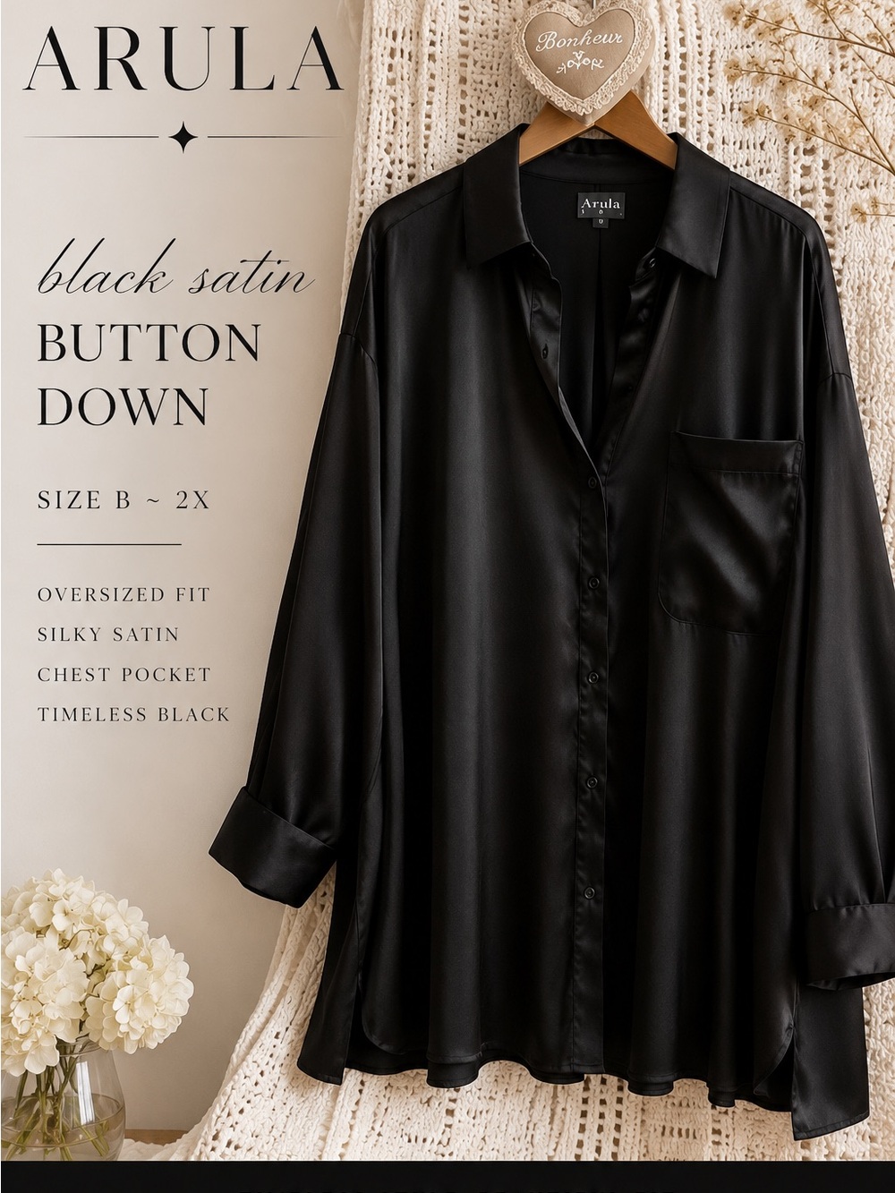 Arula Black Satin Oversized Button Down 2X